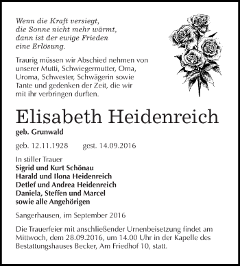 Traueranzeige von Elisabeth Heidenreich von Super Sonntag SGH Mansf. Land
