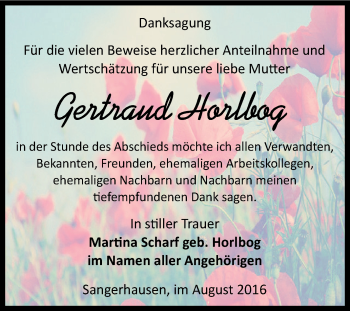 Traueranzeige von Gertraud Horlbog von Super Sonntag SGH Mansf. Land