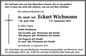 Traueranzeige von Eckart Wichmann von WVG - Wochenspiegel Quedlinburg