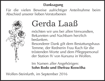 Traueranzeige von Gerda Laaß von WVG - Wochenspiegel Bitterfeld