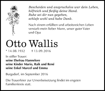 Traueranzeige von Otto Wallis von Mitteldeutsche Zeitung Mansfelder Land