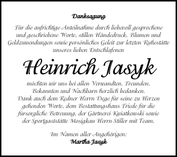 Traueranzeige von Heinrich Jasyk von WVG - Wochenspiegel Dessau / Köthen