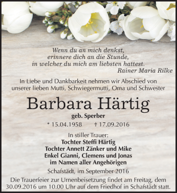 Traueranzeige von Barbara Härtig von Mitteldeutsche Zeitung Merseburg/Querfurt