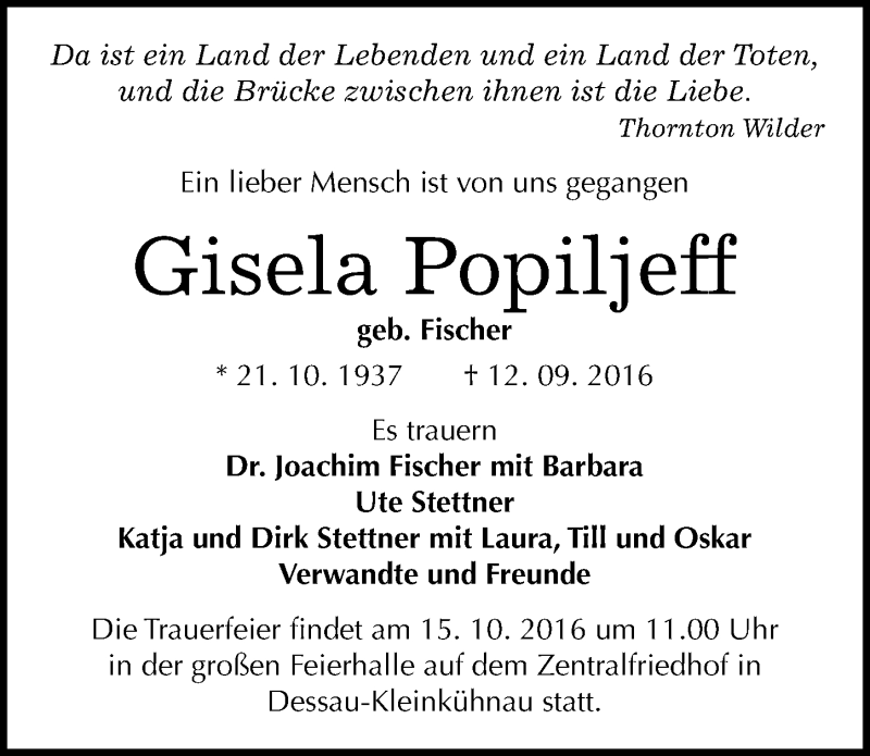  Traueranzeige für Gisela Popiljeff vom 21.09.2016 aus Mitteldeutsche Zeitung Dessau-Roßlau