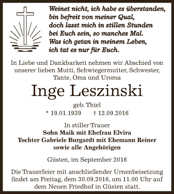Traueranzeige von Inge Leszinski von Super Sonntag Bernburg