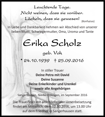 Traueranzeige von Erika Scholz von Super Sonntag SGH Mansf. Land