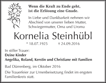 Traueranzeige von Kornelia Steinhübl von WVG - Wochenspiegel Merseburg
