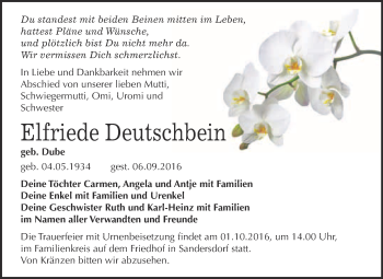 Traueranzeige von Elfriede Deutschbein von WVG - Wochenspiegel Bitterfeld