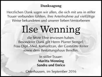 Traueranzeige von Ilse Wenning von Mitteldeutsche Zeitung Mansfelder Land