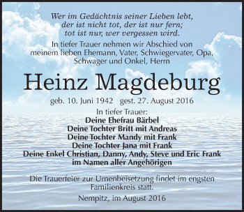 Traueranzeige von Heinz Magdeburg von Mitteldeutsche Zeitung Merseburg/Querfurt