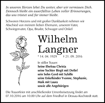 Traueranzeige von Wilhelm Langner von Mitteldeutsche Zeitung Dessau-Roßlau