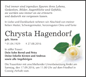 Traueranzeige von Chrysta Hagendorf von Super Sonntag Wittenberg