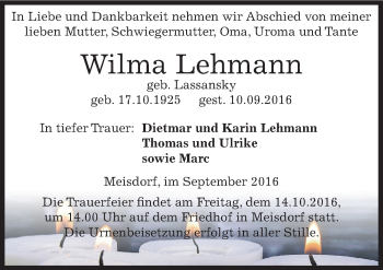 Traueranzeige von Wilma Lehmann von Mitteldeutsche Zeitung Quedlinburg