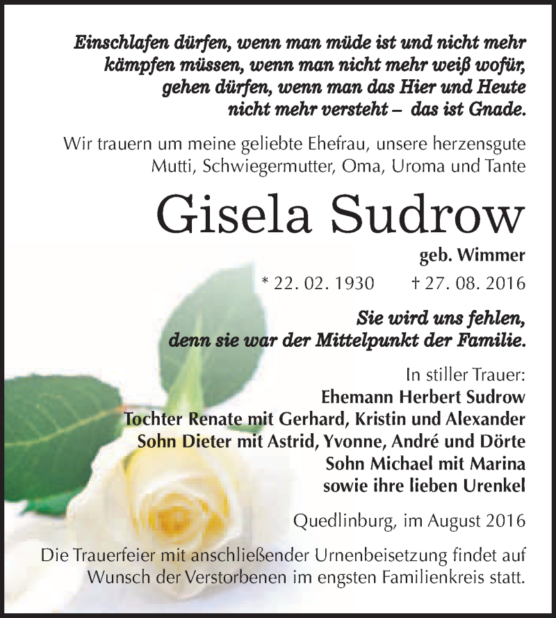  Traueranzeige für Ursula Duwensee vom 02.10.2015 aus Mitteldeutsche Zeitung Mansfelder Land