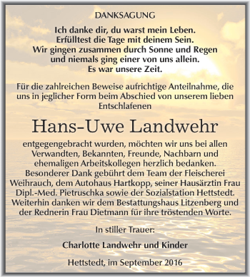 Traueranzeige von Hans-Uwe Landwehr von Wochenspiegel Mansfelder Land