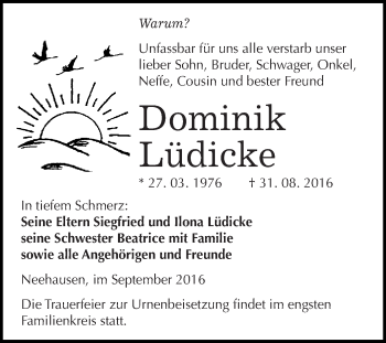Traueranzeige von Dominik Lüdicke von Super Sonntag SGH Mansf. Land