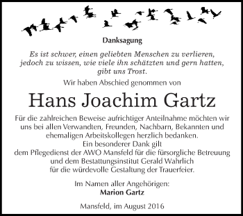 Traueranzeige von Hans Joachim Gartz von Super Sonntag SGH Mansf. Land