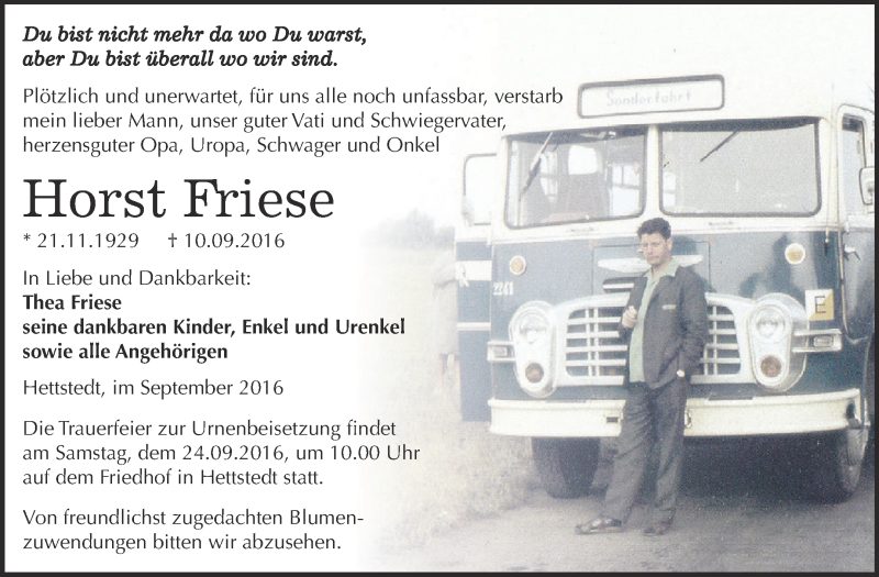  Traueranzeige für Horst Friese vom 17.09.2016 aus Super Sonntag SGH Mansf. Land