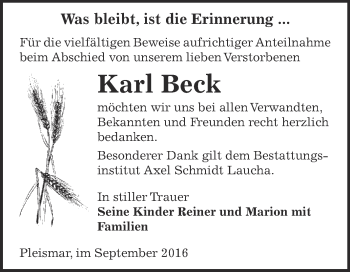 Traueranzeige von Karl Beck von WVG - Wochenspiegel NMB / WSF / ZTZ