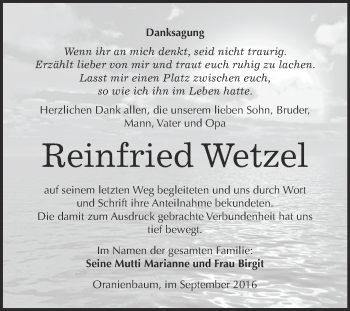 Traueranzeige von Reinfried Wetzel von WVG - Wochenspiegel Wittenberg