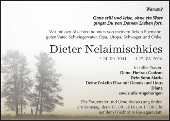 Traueranzeige von Dieter Nelaimischkies von Mitteldeutsche Zeitung Köthen