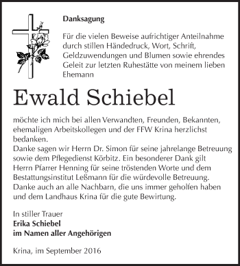 Traueranzeige von Ewald Schiebel von WVG - Wochenspiegel Wittenberg
