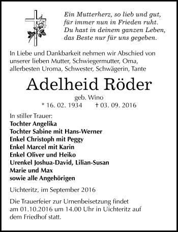 Traueranzeige von Adelheid Röder von Mitteldeutsche Zeitung Weißenfels