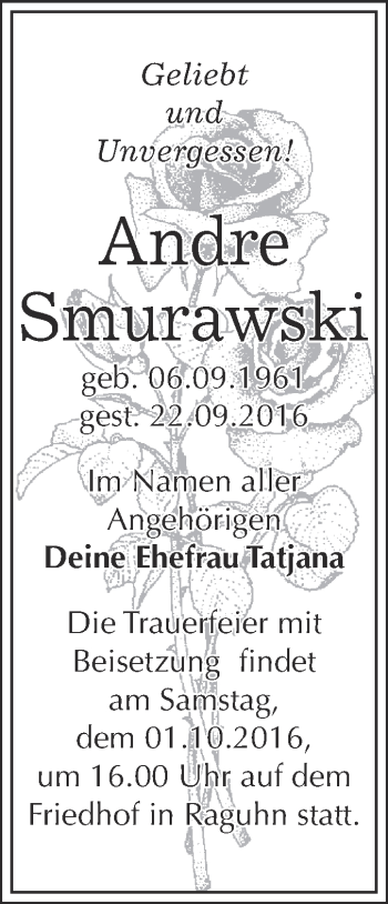 Traueranzeige von Andre Smurawski von WVG - Wochenspiegel Bitterfeld