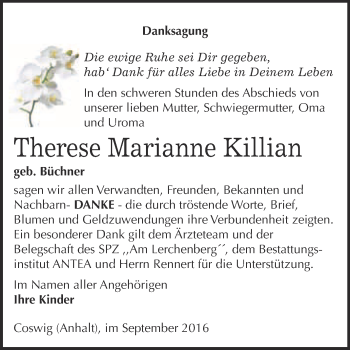 Traueranzeige von Therese Marianne Killian von Super Sonntag Wittenberg
