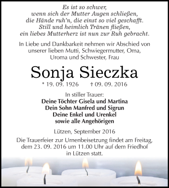 Traueranzeige von Sonja Sieczka von WVG - Wochenspiegel NMB / WSF / ZTZ