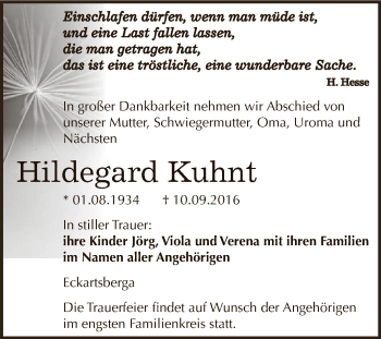 Traueranzeige von Hildegard Kuhnt von WVG - Wochenspiegel NMB / WSF / ZTZ