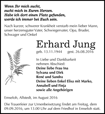Traueranzeige von Erhard Jung von Mitteldeutsche Zeitung Sangerhausen