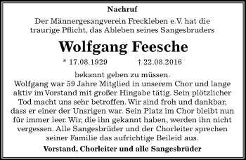 Traueranzeige von Wolfgang Feesche von Mitteldeutsche Zeitung Aschersleben