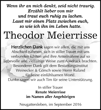 Traueranzeige von Theodor Meierrisse von Mitteldeutsche Zeitung Bernburg