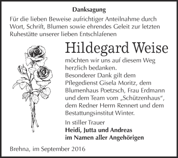 Traueranzeige von Hildegard Weise von WVG - Wochenspiegel Bitterfeld