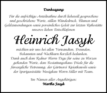 Traueranzeige von Heinrich Jasyk von Mitteldeutsche Zeitung Dessau-Roßlau