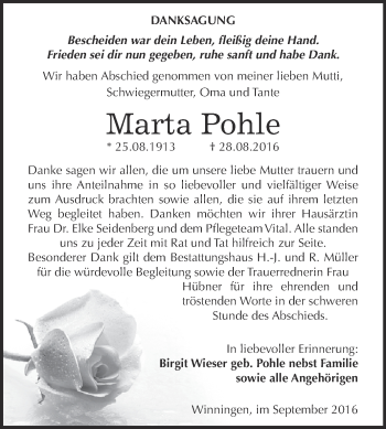 Traueranzeige von Marta Pohle von Super Sonntag Aschersleben