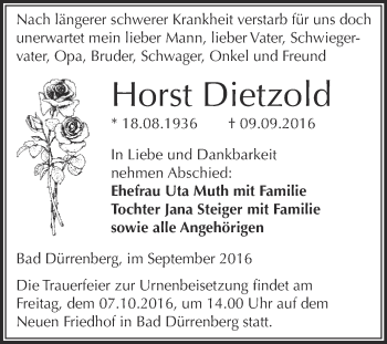 Traueranzeige von Horst Dietzold von Super Sonntag Merseburg