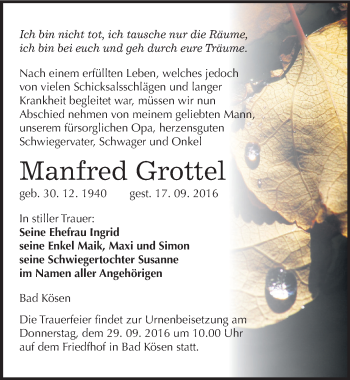 Traueranzeige von Manfred Grottel von Mitteldeutsche Zeitung Naumburg/Nebra