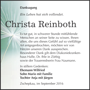 Traueranzeige von Christa Reinboth von WVG - Wochenspiegel Bitterfeld