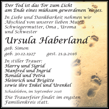 Traueranzeige von Ursula Haberland von Super Sonntag Aschersleben