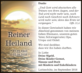 Traueranzeige von Reiner Heiland von Super Sonntag Zeitz