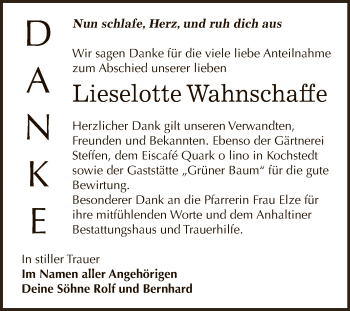 Traueranzeige von Lieselotte Wahnschaffe von WVG - Wochenspiegel Dessau / Köthen