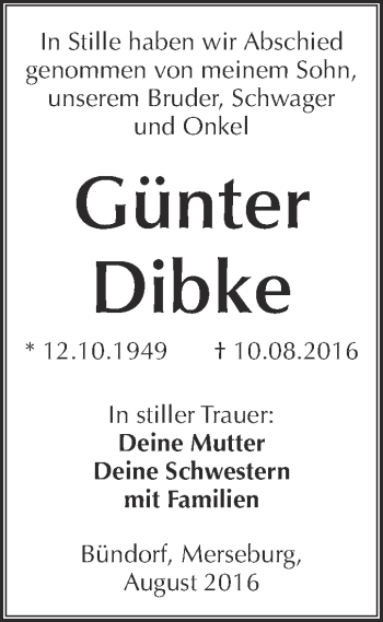 Traueranzeige von Günter Dibke von Super Sonntag Merseburg