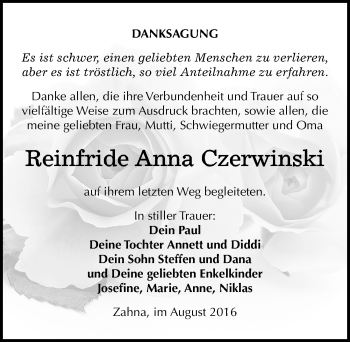 Traueranzeige von Reinfride Anna Czerwinski von Mitteldeutsche Zeitung Wittenberg