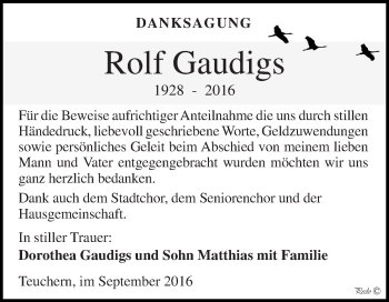 Traueranzeige von Rolf Gaudigs von WVG - Wochenspiegel NMB / WSF / ZTZ