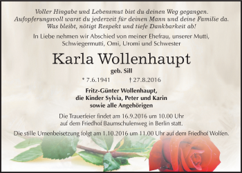 Traueranzeige von Karla Wollenhaupt von Mitteldeutsche Zeitung Bitterfeld