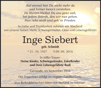 Traueranzeige von Inge Siebert von Mitteldeutsche Zeitung Quedlinburg