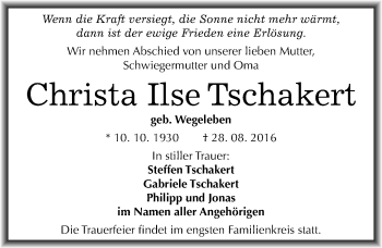 Traueranzeige von Christa Ilse Tschakert von Mitteldeutsche Zeitung Halle/Saalkreis