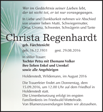 Traueranzeige von Christa Regenhardt von Mitteldeutsche Zeitung Sangerhausen